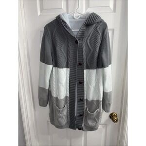 Cozy Sherpa Lined Cable Knit Hoodie Cardigan Sweater Gray And White Sz XL
